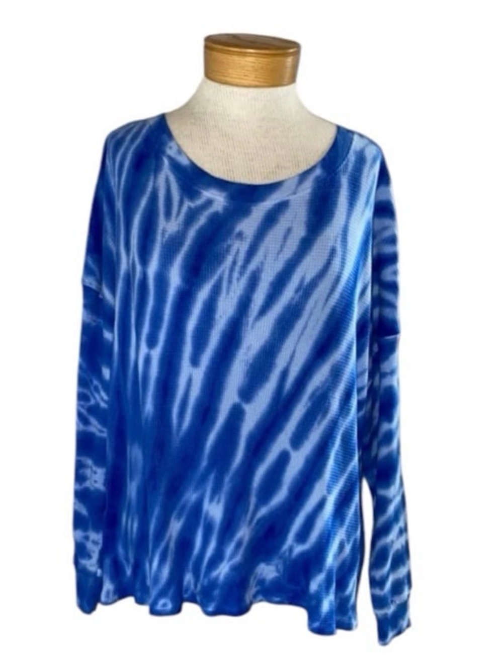 NWT For The Republic Blue Tie Dye Waffle Knit Long Sleeve Top Boho L Large